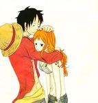  1boy 1girl black_eyes black_hair blush couple female hat hug male monkey_d_luffy nami_(one_piece) one_piece orange_hair pirate short_hair smile straw_hat_pirates tattoo together 