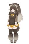  animal_ears bow bowtie brown_hair full_body fur_trim horns ise_(0425) kemono_friends long_hair multicolored_hair muskox_(kemono_friends) pleated_skirt simple_background skirt solo tail thighhighs two-tone_hair white_background white_hair 