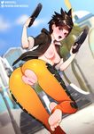  1girl anus areolae artist_name breasts brown_eyes brown_hair crotch_cutout feet from_behind gun jacket looking_back neocoill nipples open_jacket open_mouth overwatch patreon pussy short_hair soles solo spiked_hair toes tracer_(overwatch) uncensored weapon web_address 