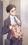  absurdres bar_censor bara belt blinds blue_neckwear blush brown_eyes censored erection formal highres looking_away male_focus male_pubic_hair muscle necktie nipples open_clothes open_shirt original pants pectorals penis polka_dot pubic_hair purple_eyes shibari shirt solo suit tamahiro 