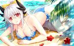  bikini blue_bikini bow breasts cleavage collarbone day eyebrows_visible_through_hair fate/grand_order fate_(series) flower frilled_bikini frills hair_between_eyes hair_bow horns kiyohime_(fate/grand_order) kiyohime_(swimsuit_lancer)_(fate) large_breasts long_hair looking_at_viewer morizono_shiki outdoors ponytail red_eyes red_flower sideboob silver_hair smile solo swimsuit wet yellow_bow 
