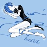  androgynous benitoite_(houseki_no_kuni) black_shorts blue_eyes blue_hair cojimama dated gem_uniform_(houseki_no_kuni) houseki_no_kuni lying on_side shirt short_hair short_sleeves shorts signature solo uniform white_shirt 