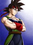  armor bandana bardock black_eyes black_hair blue_background crossed_arms dragon_ball looking_away male_focus masa_(p-piyo) scar serious simple_background solo spiked_hair standing tail wristband 