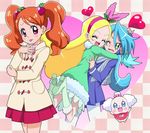  2girls :p blonde_hair blue_hair boots brother_and_sister brown_hair checkered checkered_background closed_eyes cowboy_shot creature fairy food_themed_hair_ornament green_eyes green_footwear hair_ornament hairband happy hug jacket kirahoshi_ciel kirakira_precure_a_la_mode knee_boots kuroki_rio long_hair masaru_(win800) multiple_girls open_mouth pants pekorin_(precure) pikario_(precure) pink_eyes pink_hairband pink_skirt precure scarf siblings skirt smile spoilers strawberry_hair_ornament tongue tongue_out twintails usami_ichika white_pants 