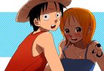  1boy 1girl black_eyes black_hair blush couple female hat male monkey_d_luffy nami_(one_piece) one_piece orange_hair pirate short_hair smile straw_hat_pirates tattoo together 