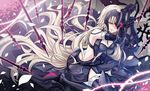  absurdly_long_hair armor armored_boots black_footwear black_gloves black_legwear boots breasts brown_eyes chain cleavage fate/grand_order fate_(series) fur_trim gloves high_heel_boots high_heels jeanne_d'arc_(alter)_(fate) jeanne_d'arc_(fate)_(all) long_hair looking_at_viewer medium_breasts midriff navel petals rindo silver_hair sitting solo stomach thighhighs very_long_hair 