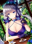  azur_lane blue_eyes blue_flower blue_rose blush breasts cake choker cleavage closed_mouth commentary cup dress dutch_angle elbows_on_table eyebrows_visible_through_hair feeding flower food gloves hair_flower hair_ornament highres holding holding_spoon illustrious_(azur_lane) indoors large_breasts long_hair looking_at_viewer mole mole_under_eye pov_feeding purple_dress purple_gloves rose saucer shiny shiny_skin smile solo spoon table teacup tiramisu tri_tails white_hair window wsman 