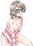  :d alternate_hairstyle between_legs black-framed_eyewear blue_eyes blue_scrunchie blush breasts brown_hair cleavage clothes_tug collarbone eyebrows_visible_through_hair glasses hair_ornament hair_scrunchie hand_between_legs long_sleeves looking_at_viewer love_live! love_live!_sunshine!! medium_breasts medium_hair off-shoulder_sweater off_shoulder open_mouth polka_dot polka_dot_scrunchie rozen5 scrunchie shirt_tug short_twintails simple_background sitting smile solo sweater sweater_tug twintails watanabe_you white_background 