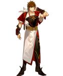  arai_teruko armor armored_boots bell boots brown_hair fire_emblem fire_emblem_heroes fire_emblem_if full_body headband highres japanese_clothes male_focus official_art purple_eyes shinonome_(fire_emblem_if) solo teeth transparent_background 