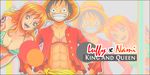  1boy 1girl black_eyes black_hair blush couple female hat lowres male monkey_d_luffy nami_(one_piece) one_piece orange_hair pirate short_hair smile straw_hat_pirates tattoo together 