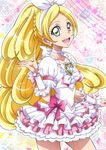  :d blonde_hair bow choker cowboy_shot cure_rhythm detached_sleeves earrings green_eyes hair_ribbon hairband hanzou heart heart_earrings highres jewelry layered_skirt long_hair magical_girl minamino_kanade miniskirt open_mouth pink_bow ponytail precure ribbon ribbon_choker shirt short_sleeves skirt smile solo standing suite_precure very_long_hair white_hairband white_ribbon white_shirt white_skirt 