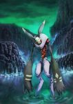  antylamon bunny_ears digimon full_body gouxiong highres horns looking_at_viewer no_humans red_eyes rock sky solo walking walking_on_liquid water 