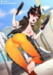  1girl areolae artist_name breasts brown_eyes brown_hair cameltoe feet from_behind gun jacket looking_at_viewer looking_back neocoill nipples open_jacket open_mouth overwatch patreon short_hair soles solo spiked_hair toes tracer_(overwatch) weapon web_address 