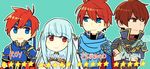  armor bare_shoulders blue_hair cape chibi dress eliwood_(fire_emblem) father_and_son fire_emblem fire_emblem:_fuuin_no_tsurugi fire_emblem:_rekka_no_ken fire_emblem_heroes gloves hair_ornament long_hair looking_at_viewer mamkute mother_and_son ninian raven_(fire_emblem) red_eyes red_hair roirence roy_(fire_emblem) short_hair smile 