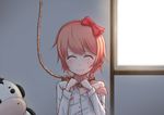  absurdres bow brown_hair closed_eyes crying doki_doki_literature_club hair_bow highres jagooz long_sleeves noose red_bow rope sayori_(doki_doki_literature_club) shirt short_hair smile solo spoilers suicide tears white_shirt window 