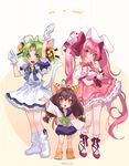  animal_ears animal_hat bell breasts brown_eyes brown_hair bunny_ears cat_ears cat_hat cat_tail choker dejiko di_gi_charat dice dice_hair_ornament green_eyes green_hair hair_ornament hat medium_breasts multiple_girls paw_shoes pink_eyes pink_hair puchiko ribbon ribbon_choker school_uniform seoji serafuku shoes short_hair tail twintails usada_hikaru 