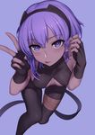  :p bare_shoulders black_gloves black_hairband black_legwear blush breasts bright_pupils center_opening dark_skin evan_yang eyebrows_visible_through_hair fate/grand_order fate/prototype fate/prototype:_fragments_of_blue_and_silver fate_(series) fingerless_gloves foreshortening from_above gloves hair_tucking hairband hassan_of_serenity_(fate) leg_wrap looking_at_viewer looking_up pantyhose purple_background purple_eyes purple_hair simple_background small_breasts solo tongue tongue_out v white_pupils 