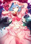  apple arm_behind_head ascot bat_wings blue_hair closed_mouth food fruit hair_between_eyes hand_up hat hat_ribbon head_tilt highres holding holding_food holding_fruit looking_at_viewer mob_cap pink_hat pink_skirt red_eyes red_ribbon remilia_scarlet ribbon sakusyo short_sleeves skirt skirt_set smile solo touhou wings wrist_cuffs 