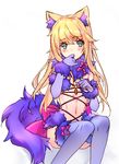  animal_ears blonde_hair blue_eyes blush bow chevalier_d'eon_(fate/grand_order) choker commentary_request cosplay crossdressing dangerous_beast elbow_gloves eyebrows_visible_through_hair fate/grand_order fate_(series) fur_trim gloves hair_between_eyes long_hair male_focus mash_kyrielight mash_kyrielight_(cosplay) navel otoko_no_ko pink_bow purple_gloves purple_legwear simple_background solo tail thighhighs wanko_(takohati8) white_background wolf_ears wolf_tail 
