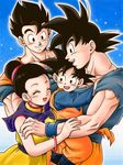  3boys :d black_eyes black_hair blue_background bracelet brothers chi-chi_(dragon_ball) chinese_clothes closed_eyes couple crying dougi dragon_ball dragon_ball_z earrings family father_and_son happy hetero hug jewelry looking_at_another masa_(p-piyo) mother_and_son multiple_boys open_mouth siblings simple_background smile son_gohan son_gokuu son_goten tears tied_hair wristband 