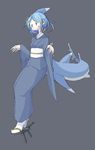  1girl 4139 blue_hair female geta japanese_clothes kimono monster_girl original shark_girl shark_tail solo tail tengu-geta 