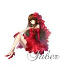  asymmetrical_gloves brown_eyes brown_hair chakku_kanda dress earrings elbow_gloves eyebrows_visible_through_hair fate/extra fate_(series) flower full_body gloves hair_flower hair_ornament hair_ribbon high_heels highres invisible_chair jewelry kishinami_hakuno_(female) long_hair looking_at_viewer necklace open_mouth red_dress red_flower red_footwear red_gloves red_ribbon ribbon shiny shiny_skin simple_background sitting sleeveless sleeveless_dress solo strapless strapless_dress very_long_hair white_background 
