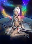  altera_(fate) bangs bare_shoulders barefoot blunt_bangs breasts closed_mouth commentary_request dark_skin detached_sleeves fate/extella fate/extra fate_(series) full_body full_body_tattoo gogatsu_fukuin highres looking_at_viewer navel red_eyes short_hair sitting small_breasts solo stomach tattoo veil wariza white_hair 
