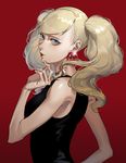  1girl big_hair blonde_hair blue_eyes breasts curly_hair earrings eyeliner jewelry lipstick looking_at_viewer makeup persona persona_5 red_background simple_background solo takamaki_anne tanktop thomas_on twintails upper_body 