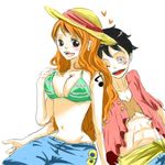  1boy 1girl black_eyes black_hair blush couple female hat male monkey_d_luffy nami_(one_piece) one_piece orange_hair pirate short_hair smile straw_hat_pirates tattoo together 