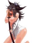  between_breasts breasts doudanuki_masa grayterre highres large_breasts licking licking_weapon long_hair looking_down naked_shirt off_shoulder red_eyes shinken!! shirt simple_background solo sword weapon white_background 