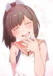  arm_behind_back blurry brown_hair closed_eyes depth_of_field eyebrows_visible_through_hair gomennasai hair_ornament i-401_(kantai_collection) jewelry kantai_collection ponytail ring sailor_collar smile solo sparkle swimsuit tongue tongue_out translation_request upper_body wedding_band 