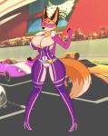 anthro belt big_breasts bodysuit breasts canid canine car clothing cocaine-leopard eyewear female fox glasses happy jewelry long_legs mammal meika_(rimba_racer) necklace one_eye_closed pigeon_toed race_track rimba_racer skin_suit skinsuit smile solo tight_clothing unzipped vehicle wink 