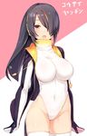  :o background_text black_hair breasts commentary_request covered_navel emperor_penguin_(kemono_friends) good_meat_day hair_over_one_eye headphones kemono_friends large_breasts looking_at_viewer meth_(emethmeth) open_mouth solo surprised thighhighs two-tone_background white_legwear 