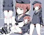  bangs blue_footwear breasts brown_eyes brown_hair character_name dress expressionless gomennasai hat kantai_collection kneepits multiple_views navy_blue_dress navy_blue_hat sailor_dress sailor_hat short_dress short_hair sidelocks sitting small_breasts z3_max_schultz_(kantai_collection) 