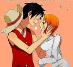  1boy 1girl black_eyes black_hair blush couple female hat male monkey_d_luffy nami_(one_piece) one_piece orange_hair pirate short_hair smile straw_hat_pirates tattoo together 