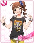  1girl blush brown_hair idolmaster idolmaster_million_live! idolmaster_million_live!_theater_days long_hair shorts side_ponytail smile violet_eyes yokoyama_nao 