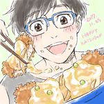  2017 birthday black_hair blue-framed_eyewear brown_eyes chopsticks dated english food food_on_face glasses highres itou_noriko katsudon_(food) katsuki_yuuri male_focus open_mouth smile yuri!!!_on_ice 