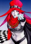  cape celtic_cross commentary_request elbow_gloves facial_mark flower gloves grey_skin hat navel scathach scathach_(shin_megami_tensei) shin_megami_tensei solo takeda_yuuko yellow_eyes 