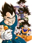  armor bardock black_eyes black_hair carrot clenched_hand crossed_arms dougi dragon_ball dragon_ball_z eating father_and_son gloves looking_at_another looking_at_viewer looking_away male_focus masa_(p-piyo) multiple_boys nervous scar scouter serious simple_background smile son_gokuu spiked_hair sweatdrop tullece vegeta white_background wristband 
