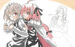  ahoge armor armored_dress astolfo_(fate) bangs black_pants black_ribbon braid cape chiron_(fate) cloak commentary eyebrows_visible_through_hair fang fate/apocrypha fate_(series) hair_ornament hair_ribbon hug hug_from_behind kujira_jio long_braid long_hair long_sleeves male_focus multicolored_hair multiple_boys one_eye_closed otoko_no_ko pants pink_eyes pink_hair red_eyes ribbon shirt short_hair sieg_(fate/apocrypha) single_braid sketch turtleneck two-tone_hair very_long_hair waistcoat white_shirt yaoi 