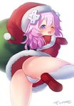  ass bag blush born-to-die breasts cameltoe choujigen_game_neptune christmas d-pad d-pad_hair_ornament full_body hair_ornament hat looking_at_viewer looking_back neptune_(choujigen_game_neptune) neptune_(series) one_eye_closed open_mouth panties petite purple_eyes purple_hair santa_costume santa_hat shiny shiny_hair shiny_skin shoes short_hair sidelocks simple_background small_breasts smile striped striped_panties thighhighs thong underwear white_background 