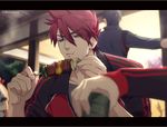  blurry depth_of_field eating food grey_eyes hachisuka_kotetsu hands kebab letterboxed looking_down male_focus meat multiple_boys ojiko ookanehira_(touken_ranbu) out_of_frame red_hair shokudaikiri_mitsutada touken_ranbu uguisumaru 