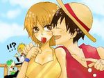  1boy 1girl black_eyes black_hair blush couple female hat kiss lowres male monkey_d_luffy nami_(one_piece) one_piece orange_hair pirate short_hair smile straw_hat_pirates tattoo together 