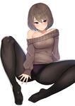  arm_behind_back arm_support bare_shoulders black_legwear breasts brown_hair brown_sweater closed_mouth collarbone eyebrows_visible_through_hair feet gusset highres kagematsuri long_sleeves looking_at_viewer medium_breasts no_pants no_shoes off-shoulder_sweater original panties panties_under_pantyhose pantyhose pink_panties purple_eyes purple_panties short_hair simple_background sitting sleeves_past_wrists smile solo spread_legs sweater toes underwear white_background 