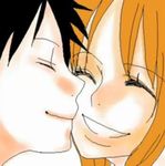  1boy 1girl black_eyes black_hair couple female hat lowres male monkey_d_luffy nami_(one_piece) one_piece orange_hair pirate short_hair smile straw_hat_pirates tattoo together 