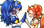  2girls :o animal_ears arisugawa_himari blue_gloves blue_hair blue_neckwear blue_shirt bow cake_hair_ornament choker closed_eyes cure_custard cure_gelato earrings elbow_gloves extra_ears food_themed_hair_ornament from_side gloves grin hair_ornament jewelry kirakira_precure_a_la_mode lion_ears long_hair magical_girl multiple_girls open_mouth orange_eyes orange_hair ponytail precure profile red_neckwear shirt short_hair simple_background smile squirrel_ears squirrel_tail tail tategami_aoi white_background white_gloves yellow_bow 