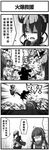  4koma absurdres ac130 agent_(girls_frontline) blood blood_from_mouth comic commentary_request double_bun eyepatch girls_frontline gloves greyscale headphones highres kicking long_hair m16a1_(girls_frontline) m4a1_(girls_frontline) maid maid_headdress monochrome multiple_girls scarf shouting smile sparkle translation_request wide-eyed 