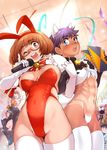  abs animal_ears ass blush bunnysuit character_request collar copyright_request ez6 front-tie_top glasses leotard midriff multiple_girls muscle muscular_female short_hair shrug_(clothing) smiley_face tan tanline thighhighs thong_leotard 