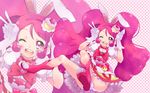  ;d animal_ears bow bunny_ears bunny_pose cake_hair_ornament choker cure_whip extra_ears food_themed_hair_ornament full_body gloves hair_ornament hairband highres kannagi_kaname kirakira_precure_a_la_mode long_hair looking_at_viewer magical_girl one_eye_closed open_mouth panties pantyshot pink pink_bow pink_eyes pink_footwear pink_hair pink_hairband polka_dot polka_dot_background precure puffy_sleeves red_bow red_neckwear shoes skirt smile solo twintails underwear usami_ichika white_gloves white_panties white_skirt zoom_layer 