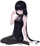  arm_support bangs bare_shoulders black_dress black_hair blend_s blunt_bangs china_dress chinese_clothes covered_navel cum cum_in_hands cum_on_hair dress eyebrows_visible_through_hair facial full_body hair_bobbles hair_ornament hwayoung long_hair low_twintails pantyhose purple_eyes sakuranomiya_maika shaded_face sitting solo twintails very_long_hair wariza white_background 